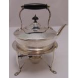 A Mappin and Webb hallmarked silver tea kettle on stand, of compressed cylindrical form with central