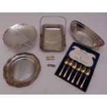 A quantity of silver plate to include a roll basket, a cake stand and a cased set of six Mappin