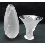 A Lalique bud vase in the form of folded leaves with a butterfly and a Lalique Hirondelles flared