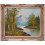 Whitman framed oil on canvas of a river and mountain scene, signed bottom left, 40.5 x 50.5cm