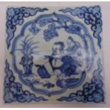 A Chinese blue and white square temple tile decorated with stylised figures, 9.5 x 9.5 cm