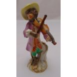 A Meissen early 20th century Monkey Orchestra Violin player on naturalistic base, marks to the base,