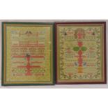 Two framed and glazed polychromatic samplers depicting an English herb garden and a vegetable patch,