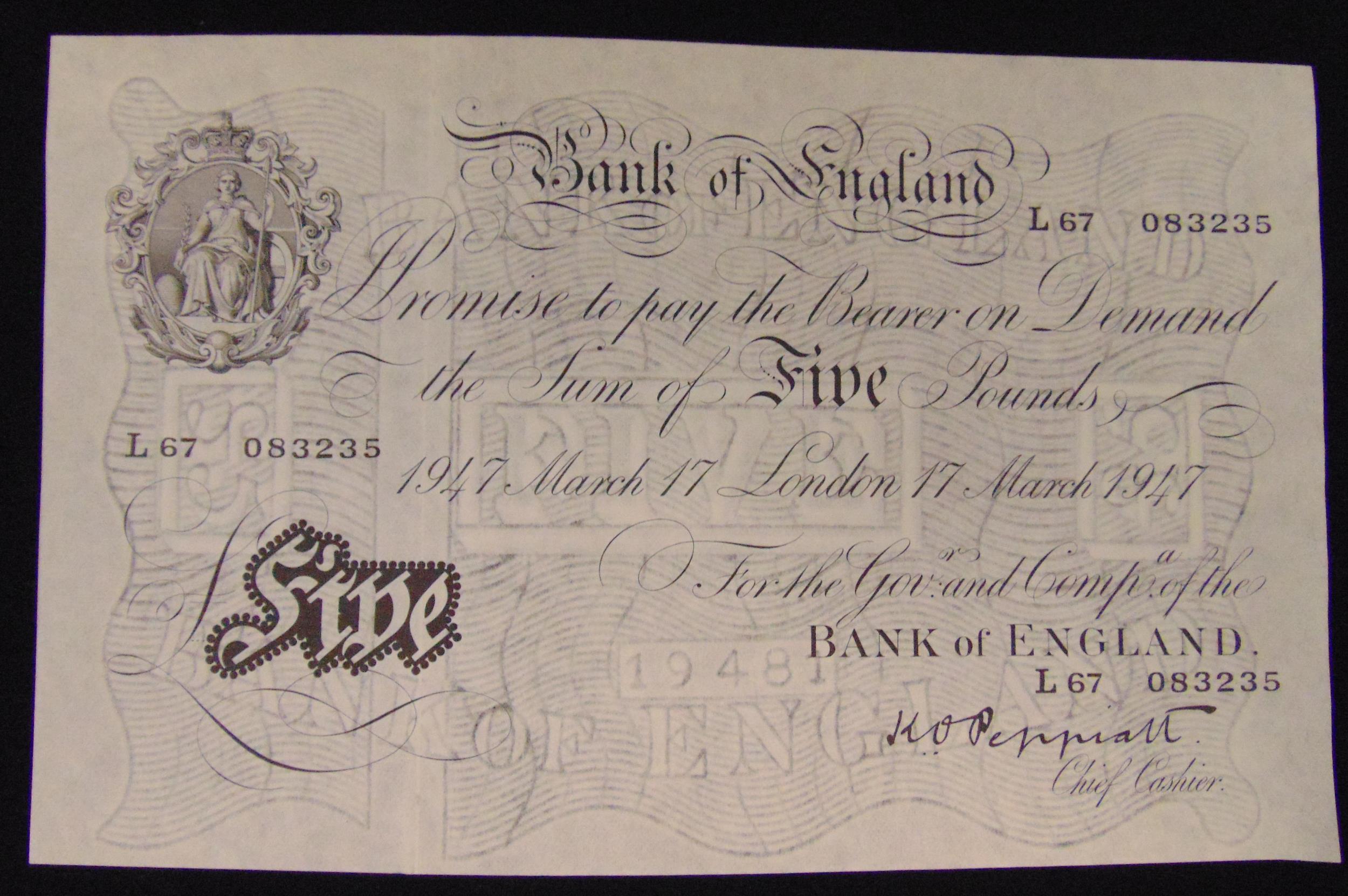 Bank of England £5 Peppiatt white bank note dated 17th March 1947 serial no. L67 083235