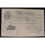Bank of England £5 Peppiatt white bank note dated 17th March 1947 serial no. L67 083235
