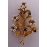 9ct yellow gold, amethyst and cultured pearl flower brooch, approx total weight 9.3g