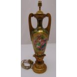 A French hand painted glass and gilt wood Victorian lamp base of oval form, 60cm (h) A/F