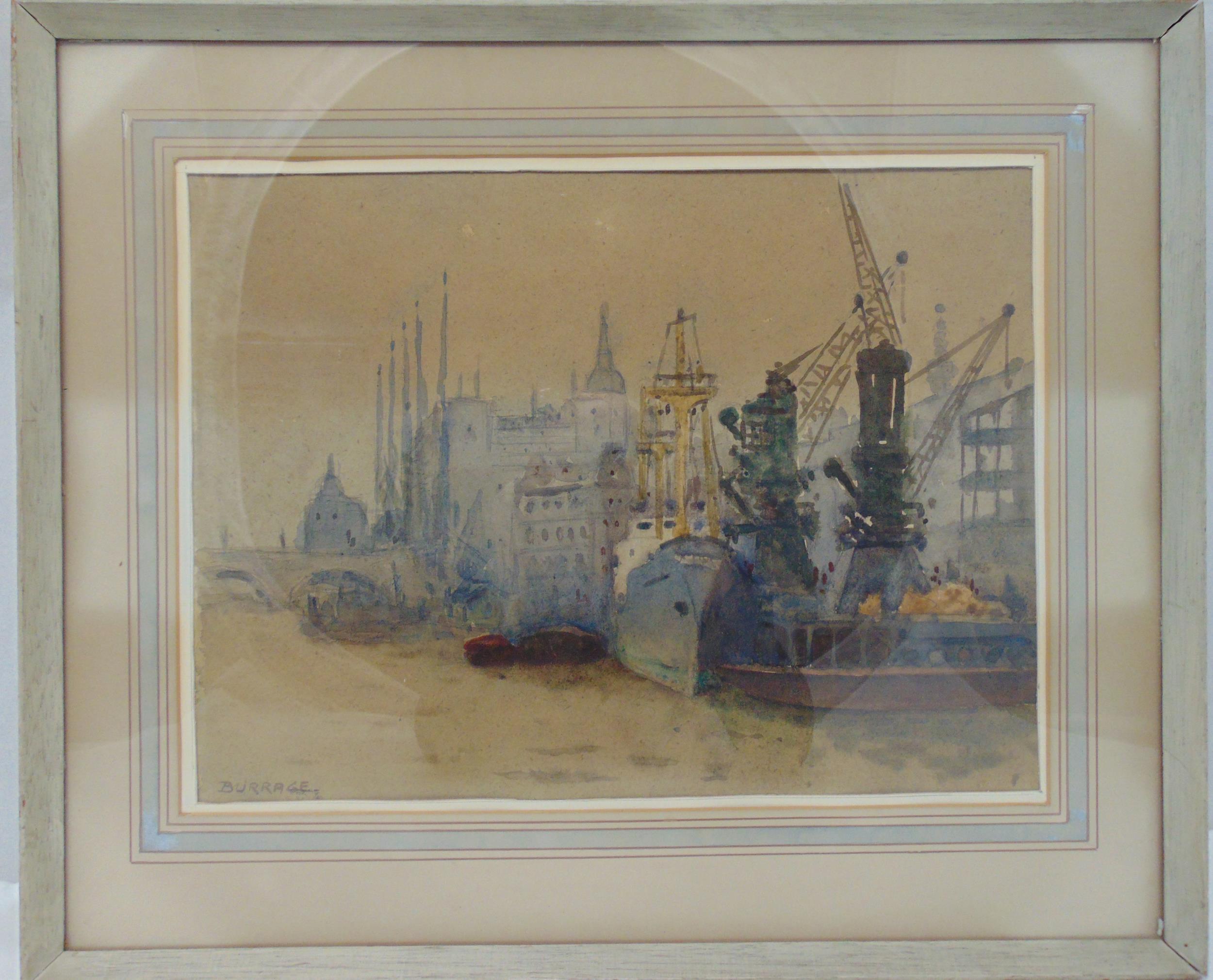 Douglas Burrage framed and glazed watercolour of boats moored on the Thames, details to verso, 33