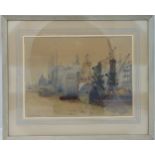 Douglas Burrage framed and glazed watercolour of boats moored on the Thames, details to verso, 33
