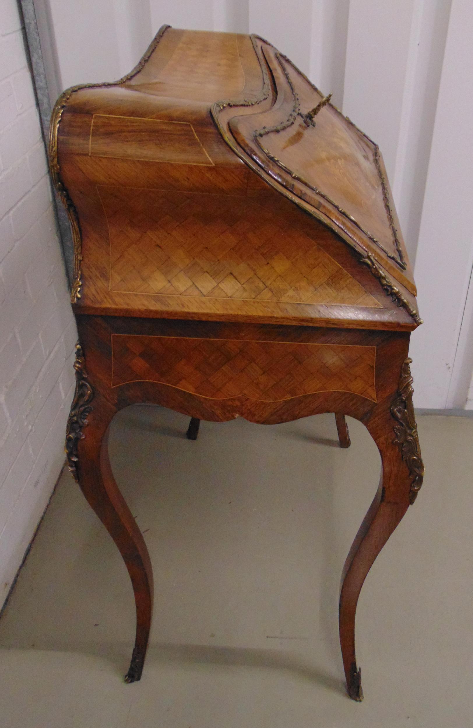 A French 19th century satinwood bureau de dame, the bombe hinged cover and sides with marquetry - Image 4 of 4