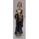 A French polychromatic figurine of a medieval lady on raised shaped base, marks to the base, A/F,