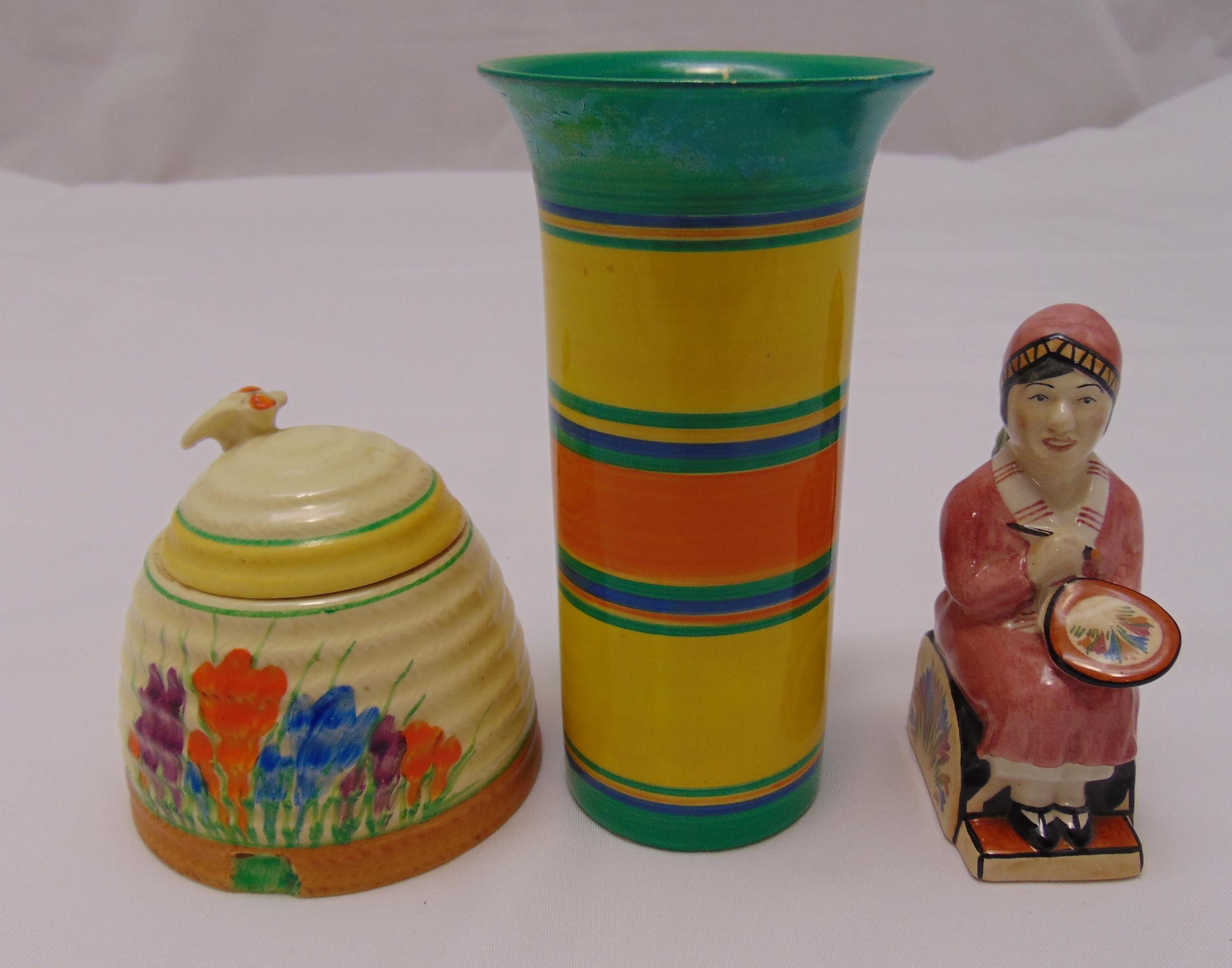 Clarice Cliff Bizarre stem vase 16cm (h) a Honey pot with pull off cover A/F and a figurine