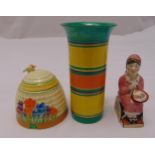 Clarice Cliff Bizarre stem vase 16cm (h) a Honey pot with pull off cover A/F and a figurine