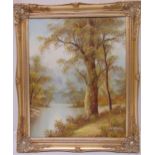 I. Caferi framed oil on canvas of trees by a river, signed bottom right, 50.5 x 40.5