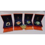 Five Charlotte de Vita miniature polychromatic enamel teapots, four in original packaging with COAs