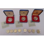 Three silver crowns in fitted cases with COAs and eight £2 coins 1996, 1980 and Peace 1995