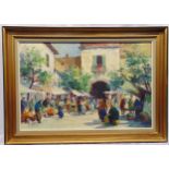 T. Naes framed oil on canvas of a continental market scene, signed bottom left, 60 x 90cm