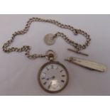 A hallmarked silver open face pocket watch with Albert chain and a hallmarked silver pocket knife