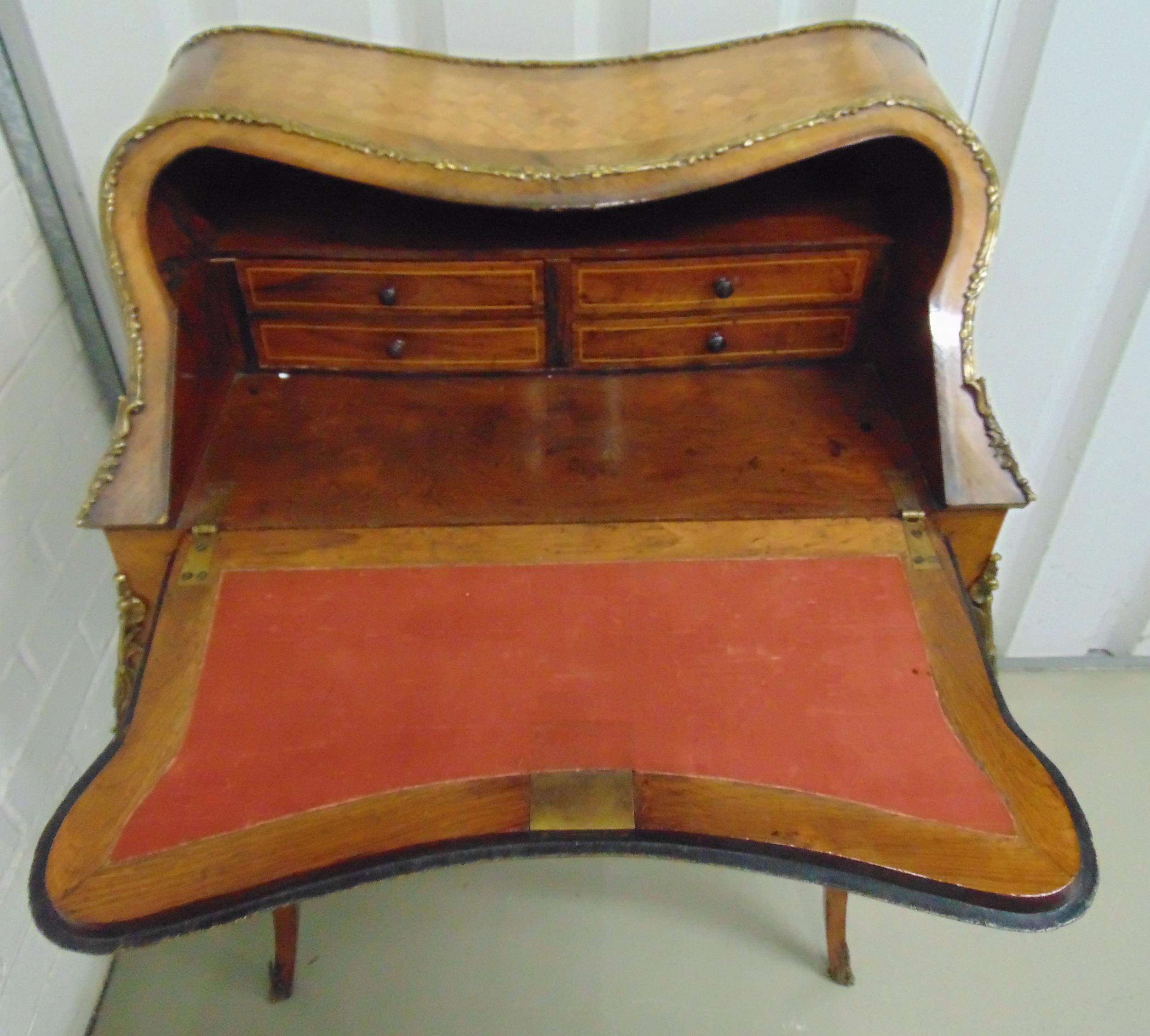 A French 19th century satinwood bureau de dame, the bombe hinged cover and sides with marquetry - Image 2 of 4