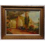 A framed oil on canvas of a courtyard on the Amalfi coast, 51 x 71cm