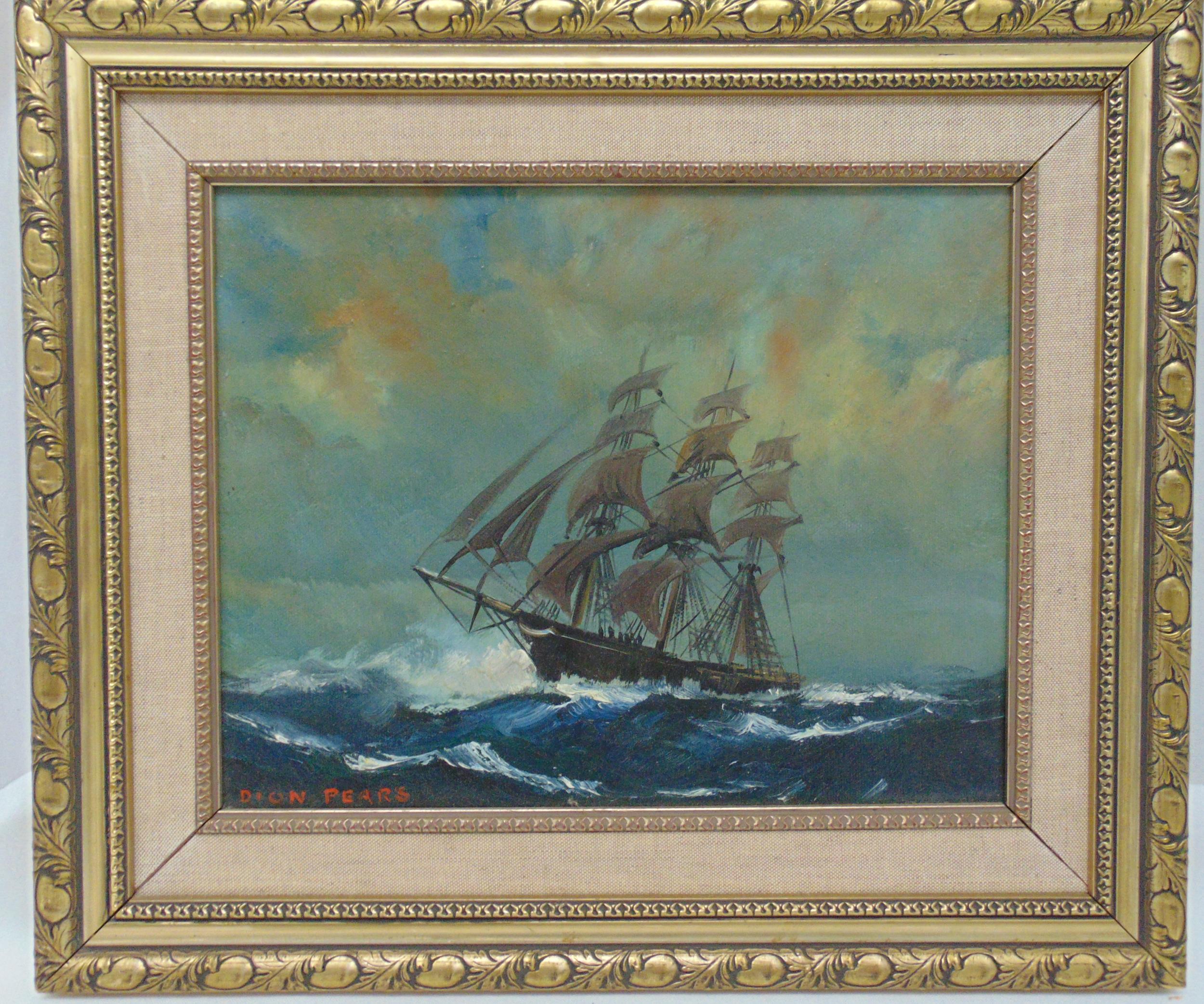 Dion Pears framed oil on panel of a sailing ship in rough seas, signed bottom left, 23 x 29cm