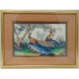 A Chinese framed and glazed pith painting on rice paper of peacocks in a landscape, 19.5 x 30cm