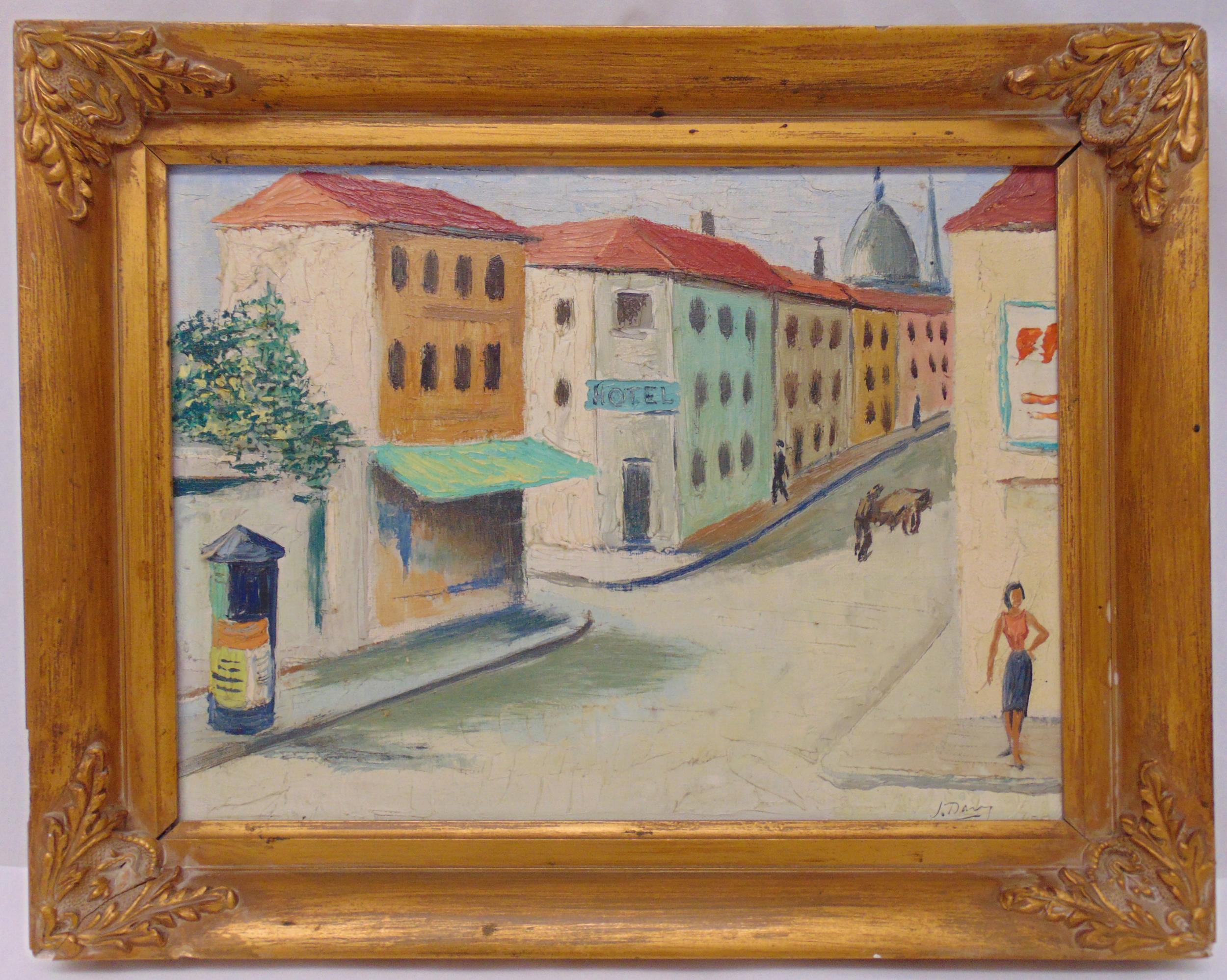 A framed oil on canvas of a French street scene indistinctly signed bottom right, 30 x 40cm