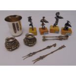 A quantity of white metal to include travel candlesticks, a Kiddush cup, a cased pastry server,