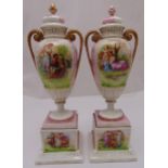 A pair of 19th century continental covered vases, the side panels depicting classical scenes on