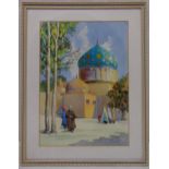 Misha Shahbazian framed and glazed watercolour of a street scene with a Mosque in the background,