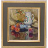 R. Boudry framed oil on panel still life of fruits and a jug, signed bottom right, 29 x 28cm