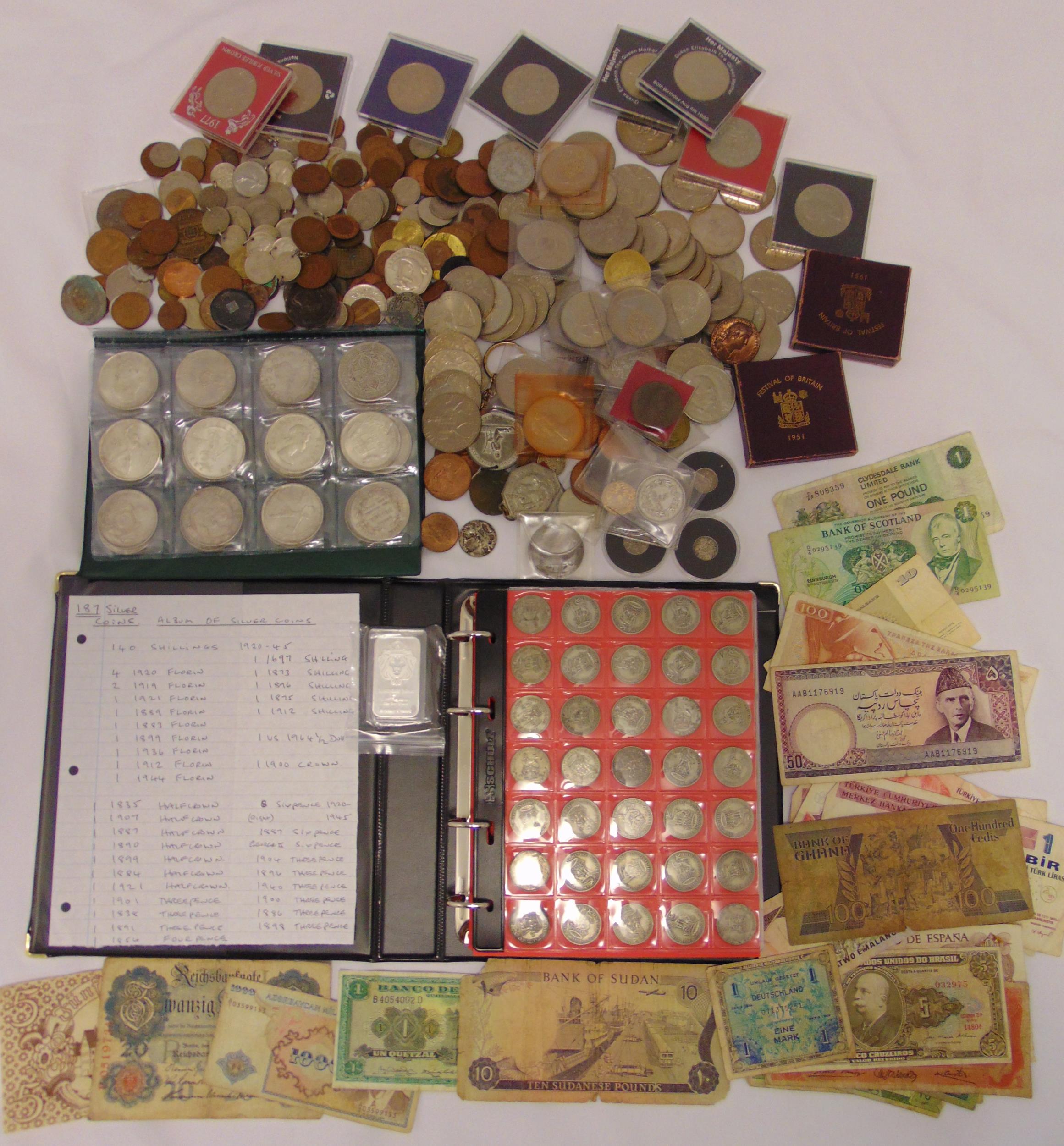 A quantity of GB and foreign coins to include pre 1920 silver coins and pre 1947 silver coins and