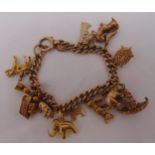 9ct gold charm bracelet with thirteen charms, approx total weight 45.9g