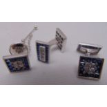 A pair of 18ct white gold, diamond and sapphire cufflinks and a matching tie pin, approx total