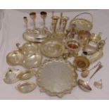 A quantity of silver plate to include fruit stands, entrée dish and cover, coasters, vases and a