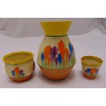 Clarice Cliff Bizarre Crocus three vases of various shape and size, tallest 20 cm (h)