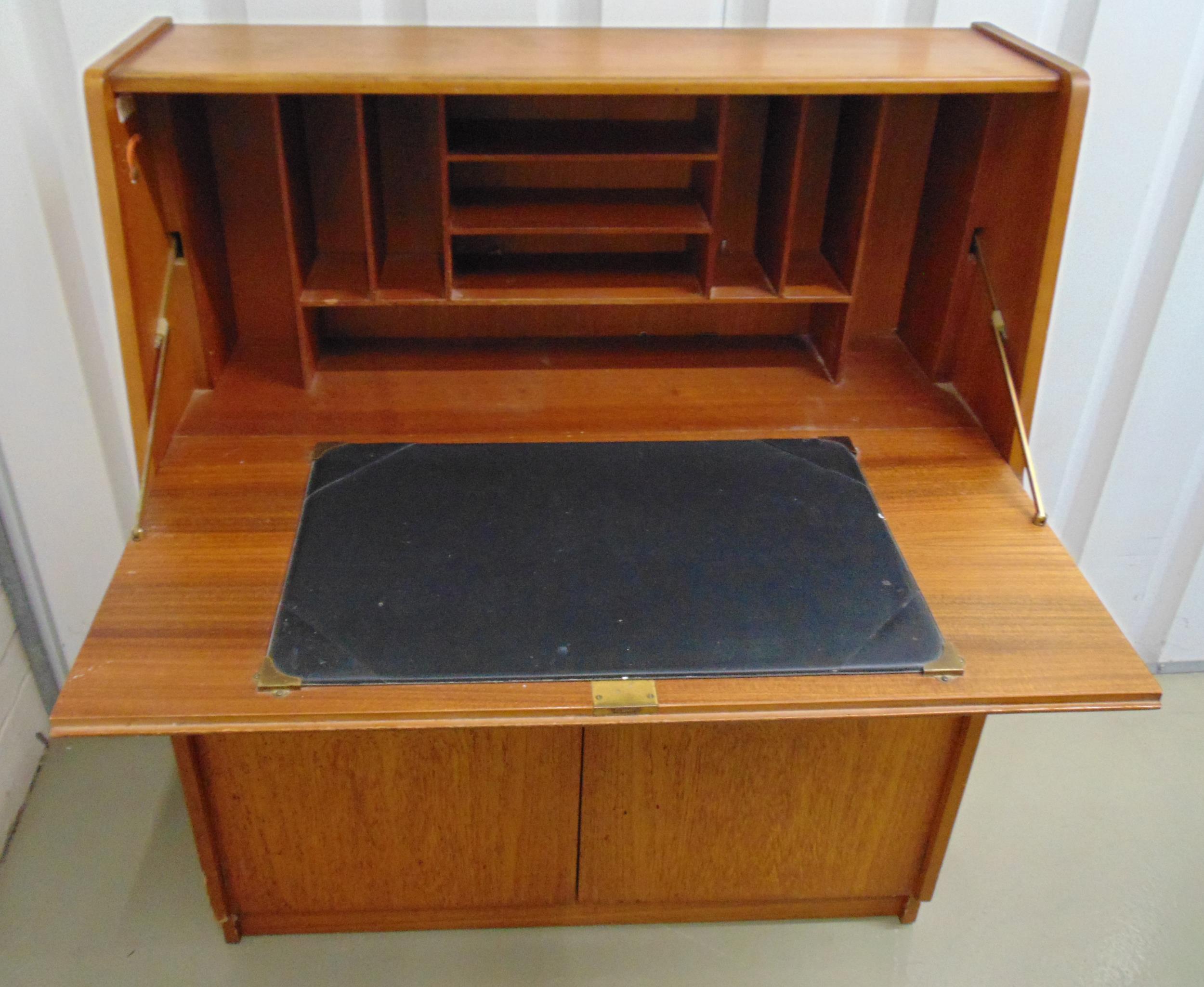 Remploy mid 20th century rectangular teak bureau, the drop flap revealing fitted interior above - Image 2 of 2