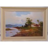 A framed oil on canvas of a farm house by a lake, indistinctly signed bottom left, 59.5 x 89.5cm