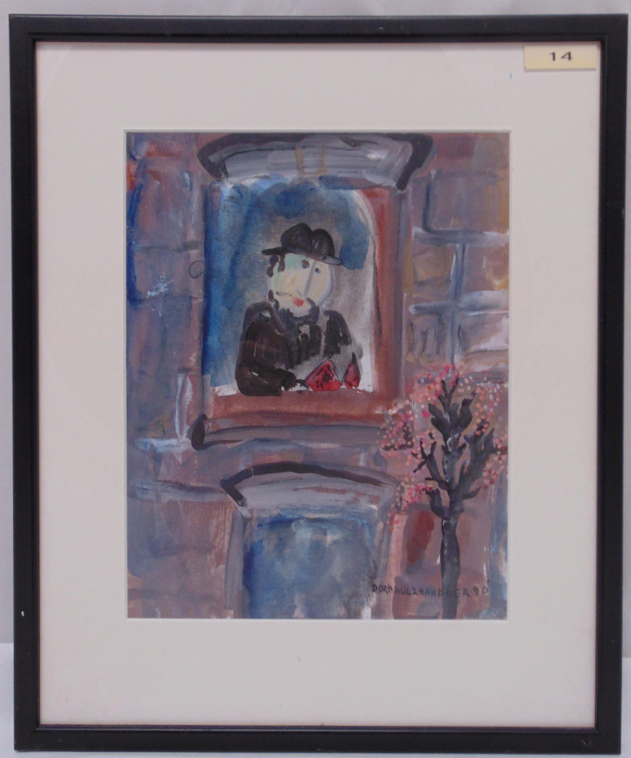 Dora Holzhandler framed and glazed watercolour of a Rabbi looking out of a window, signed bottom