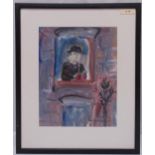 Dora Holzhandler framed and glazed watercolour of a Rabbi looking out of a window, signed bottom