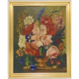 A framed oil on canvas still life of flowers, attributed to James Noble 1919-1989, details to verso,