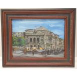 A framed oil on canvas of The Royal Danish Theatre, monogrammed KH 64 bottom right, 27.5 x 33cm