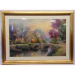 Thomas Kincaid framed and glazed polychromatic lithographic print of a house by a bridge signed