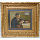 A framed oil on panel of a father and child studying, signed bottom left, details to verso, 25 x