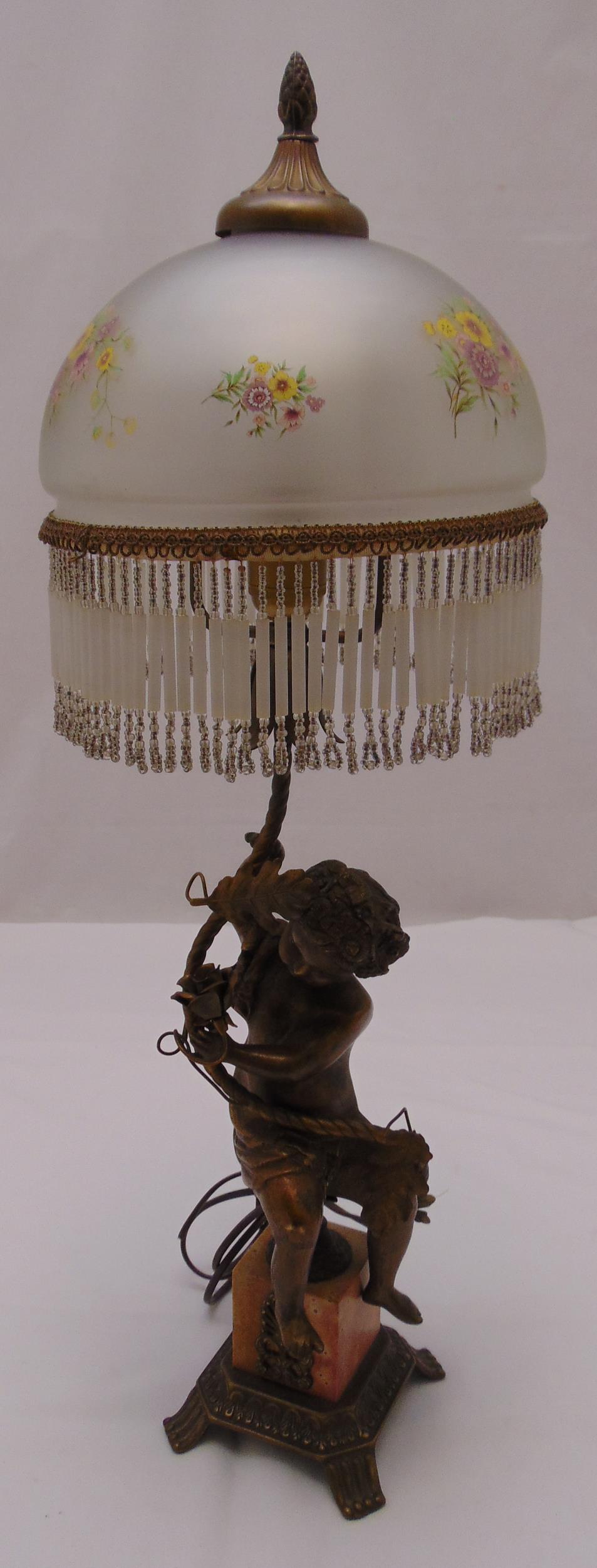 A Victorian lamp stand with putti figurine and frosted glass shade on raised square base, 76cm (h)