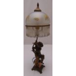 A Victorian lamp stand with putti figurine and frosted glass shade on raised square base, 76cm (h)