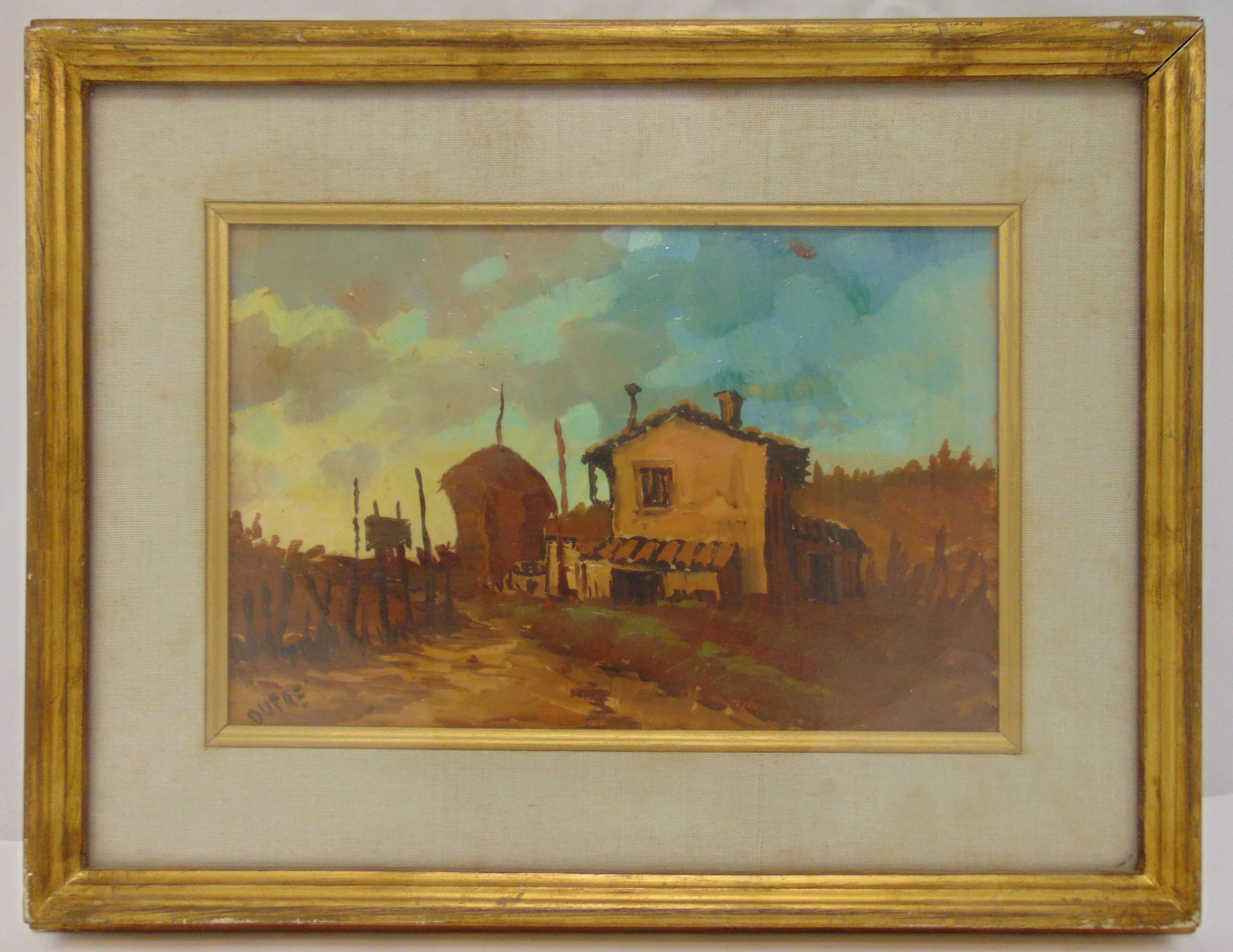 Dupre framed and glazed oil on panel of a farmhouse, signed bottom left, 19 x 29cm
