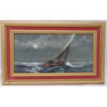 Dion Pears framed oil on panel of a sailing boat under a moonlit sky, signed bottom left, 17.5 x