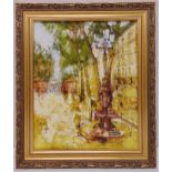 Bernard Dufour framed oil on panel of a Mediterranean square with a drinking fountain to the