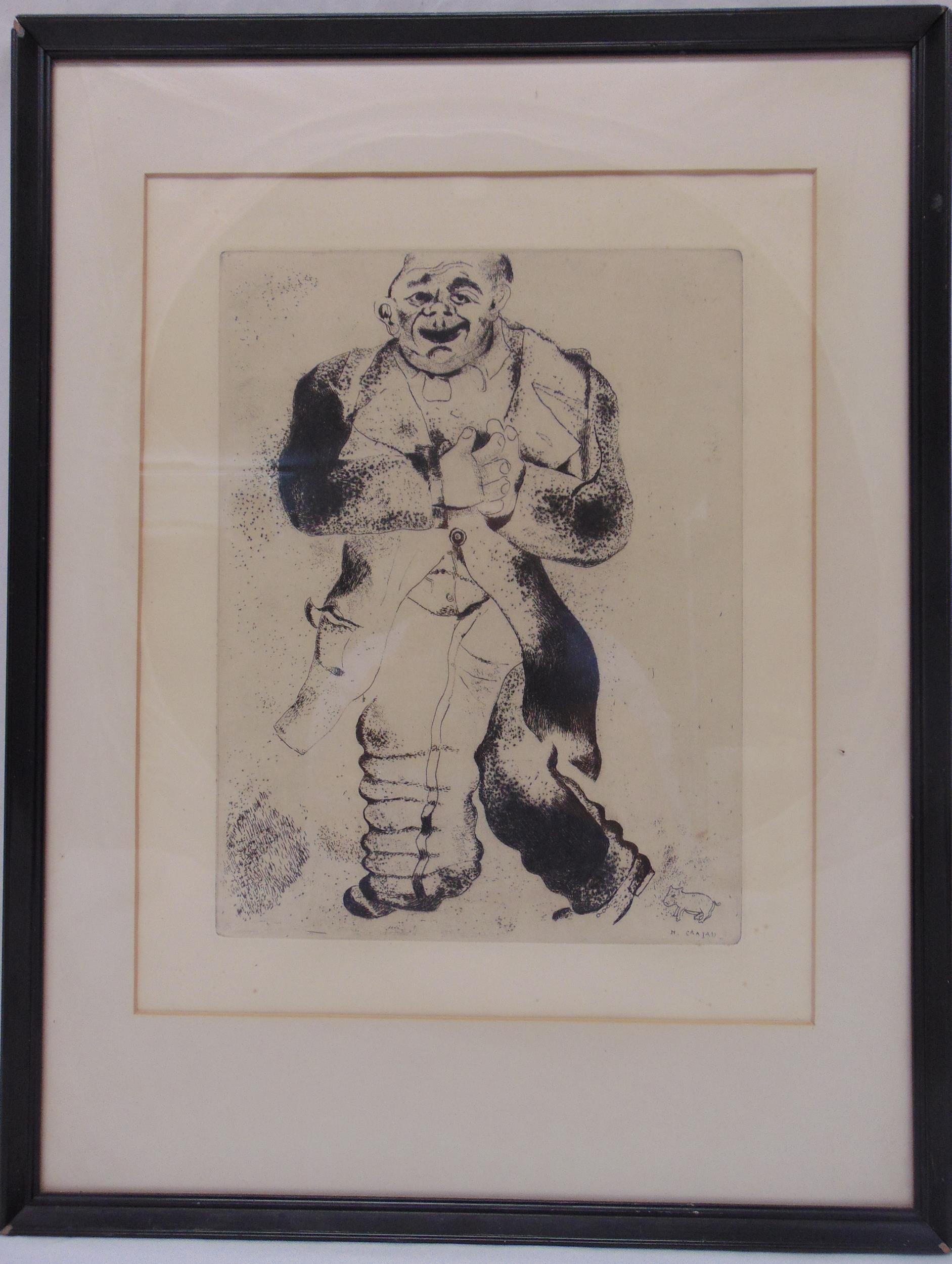 Marc Chagall framed and glazed engraving of a figure, signed bottom right, 27.5 x 21cm